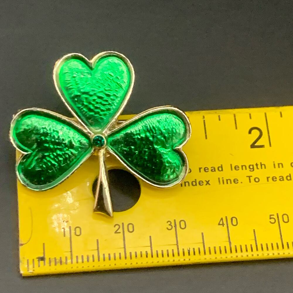 Vintage Shamrock Clover Rhinestone Brooch Pin - Picture 3 of 4